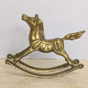 Vintage Solid Brass Rocking Horse Shiny Cottagecore Gold Tone Figurine